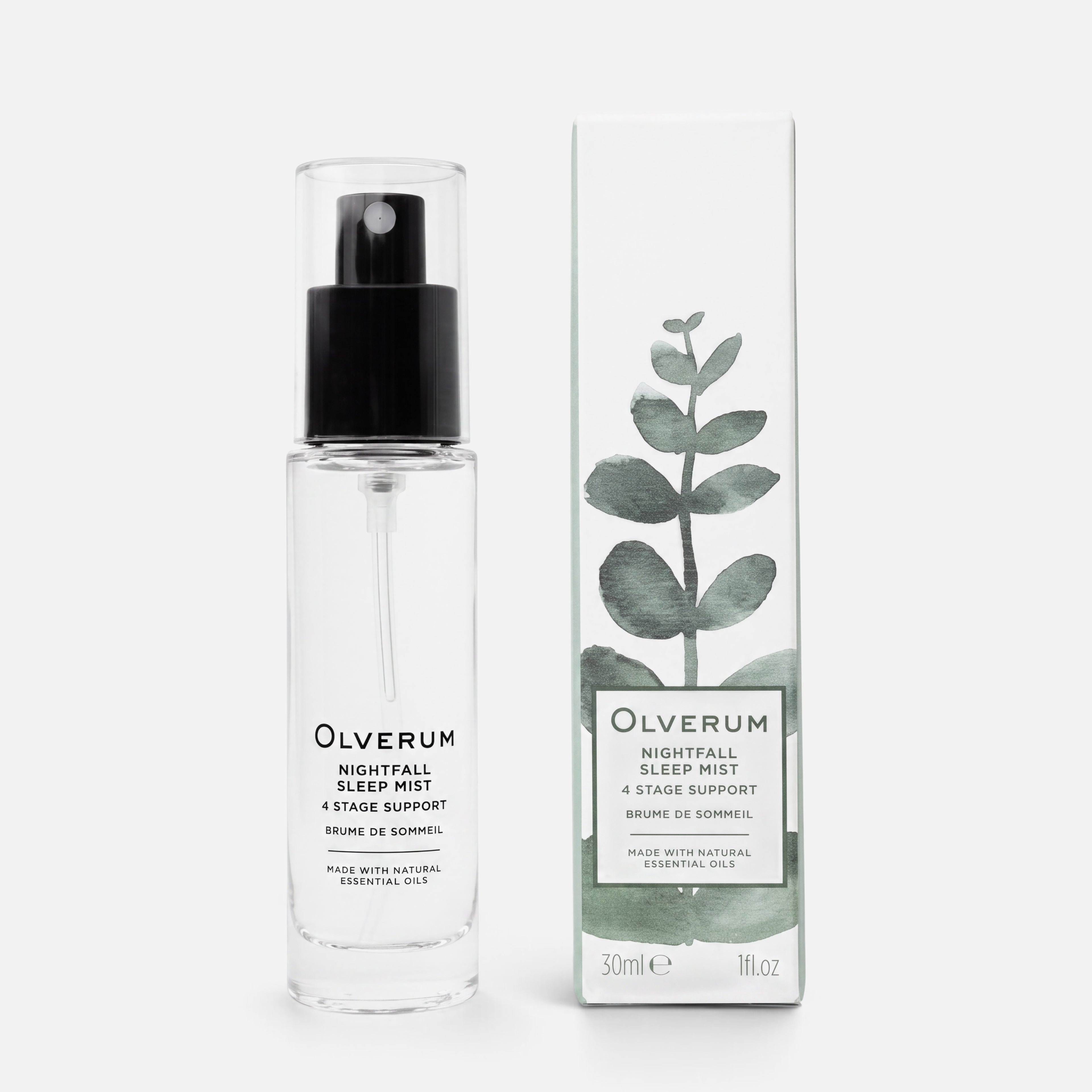 Shop Rescue Spa Nightfall Sleep Mist spray bottle and white box with green leaf illustration for calming aromatherapy