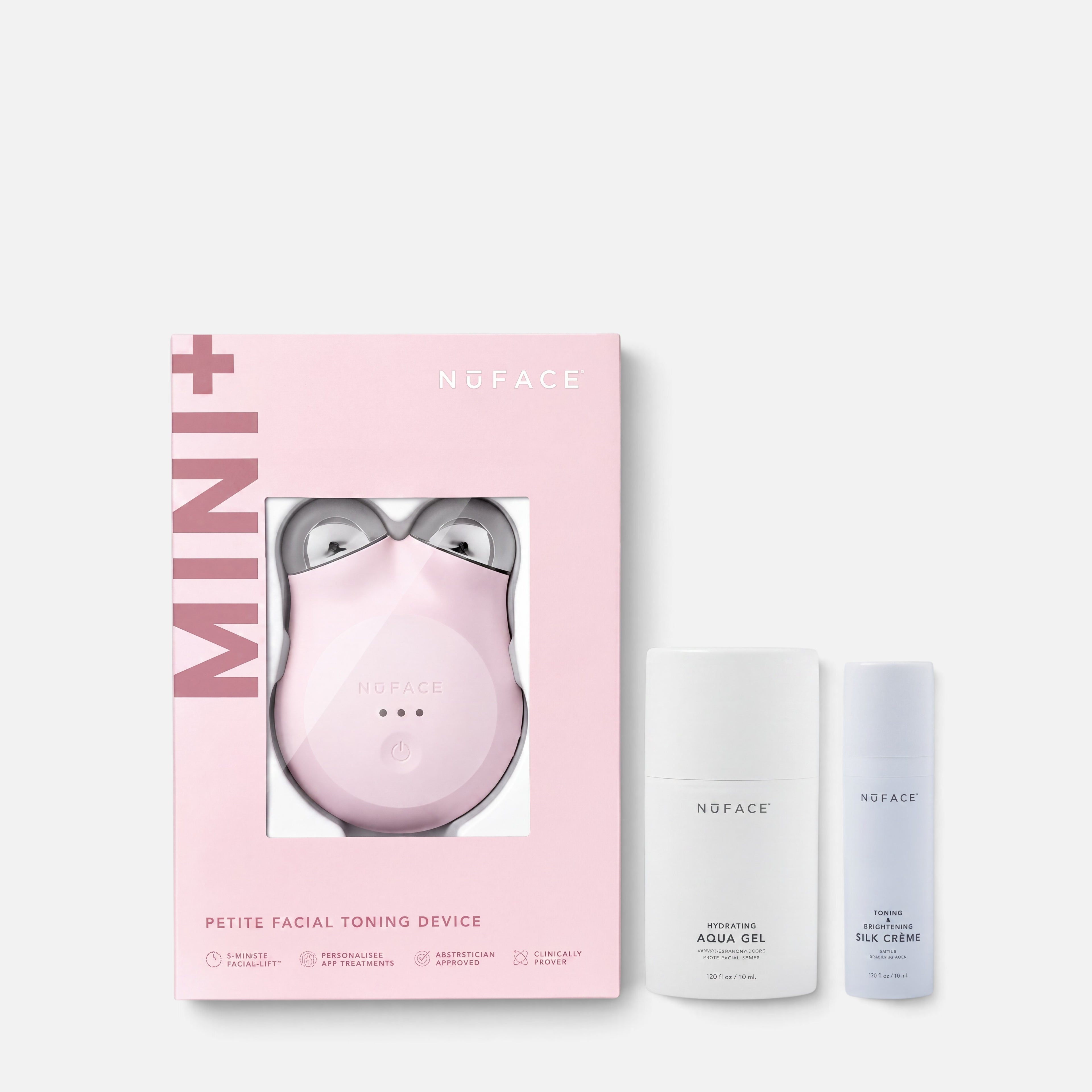 Shop Rescue Spa NuFACE MINI+ Starter Kit in Sandy Rose with facial toning device, Aqua Gel, and Silk Crème.