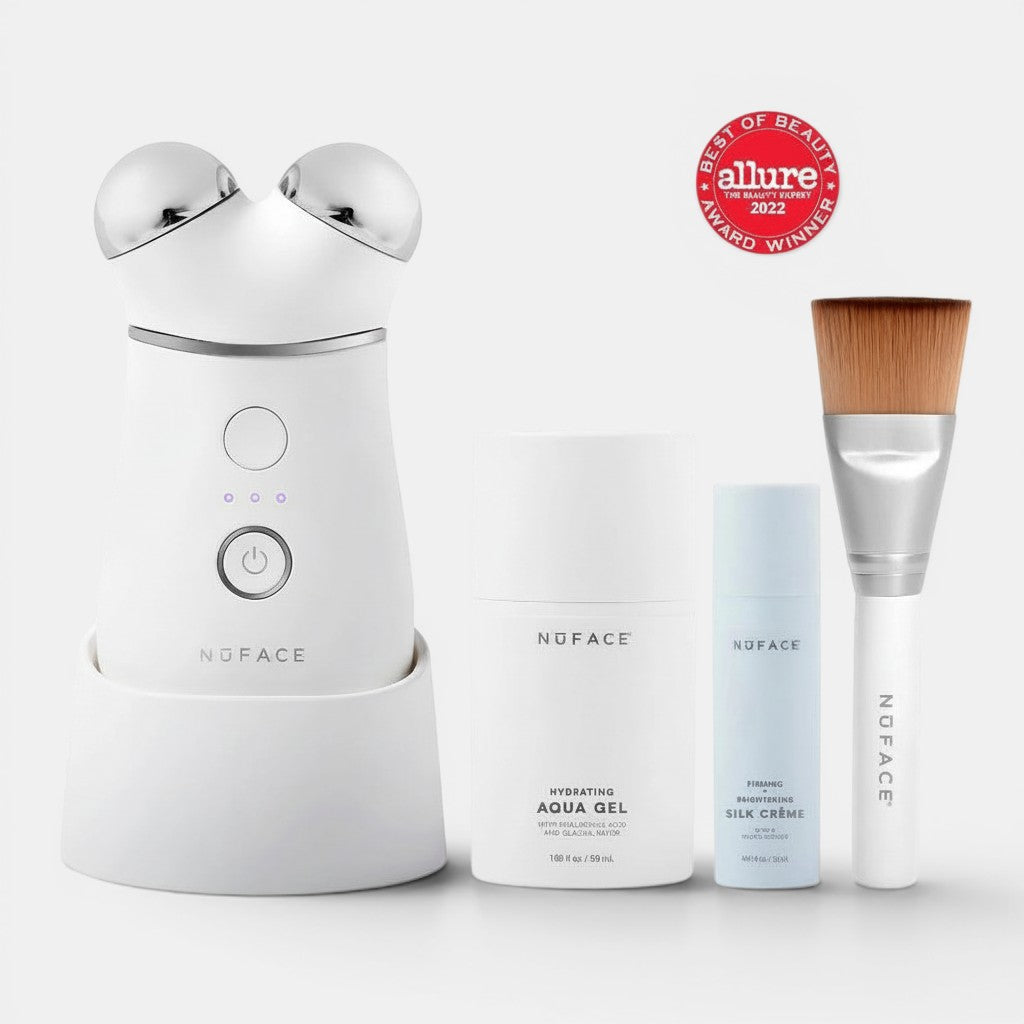 Shop Rescue Spa NuFace Trinity+ Pro Kit with microcurrent device, hydrating aqua gel, firming silk crème, and applicator brush.