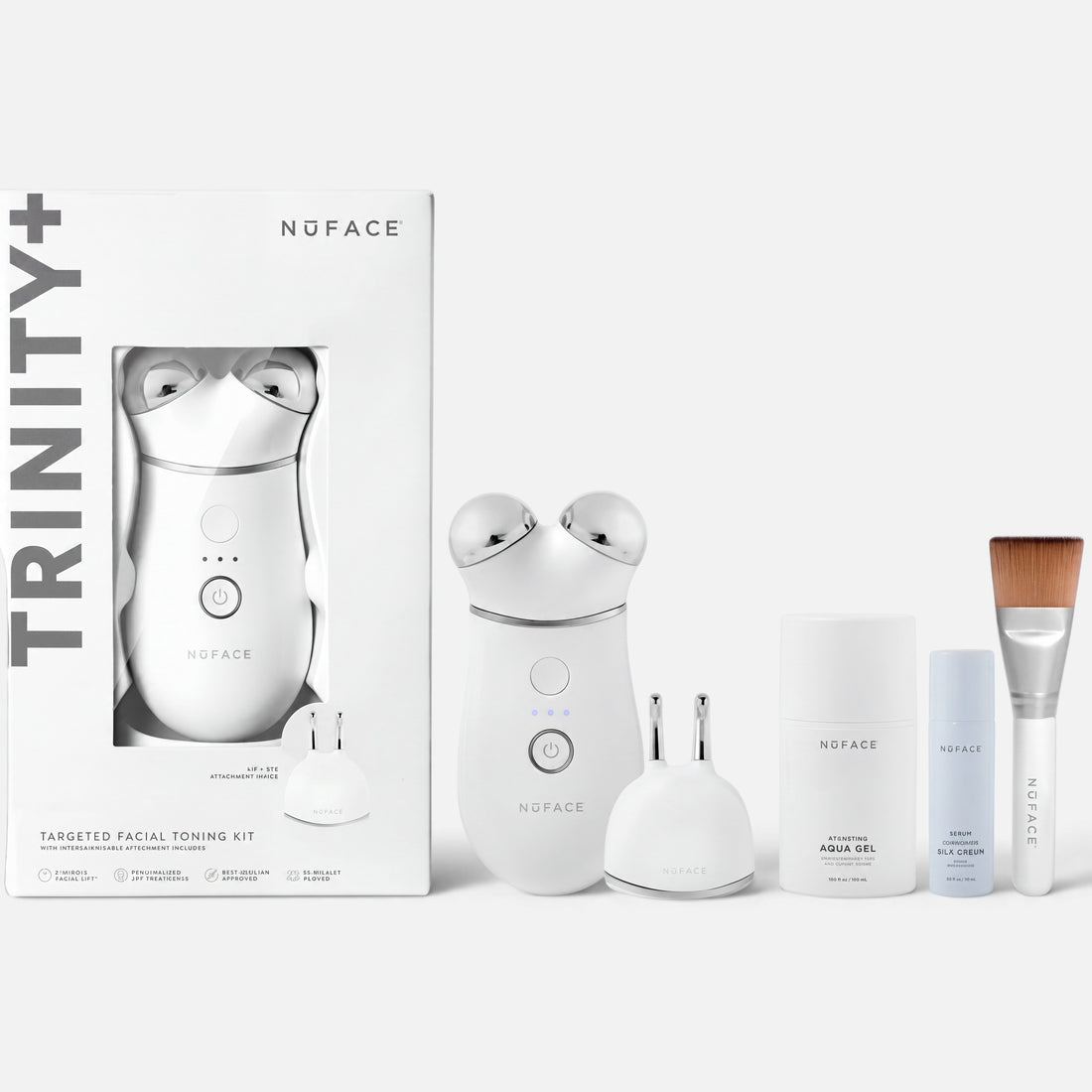 Shop Rescue Spa NuFACE Trinity+ Pro microcurrent facial toning kit with device, attachments, gels, and applicator brush.