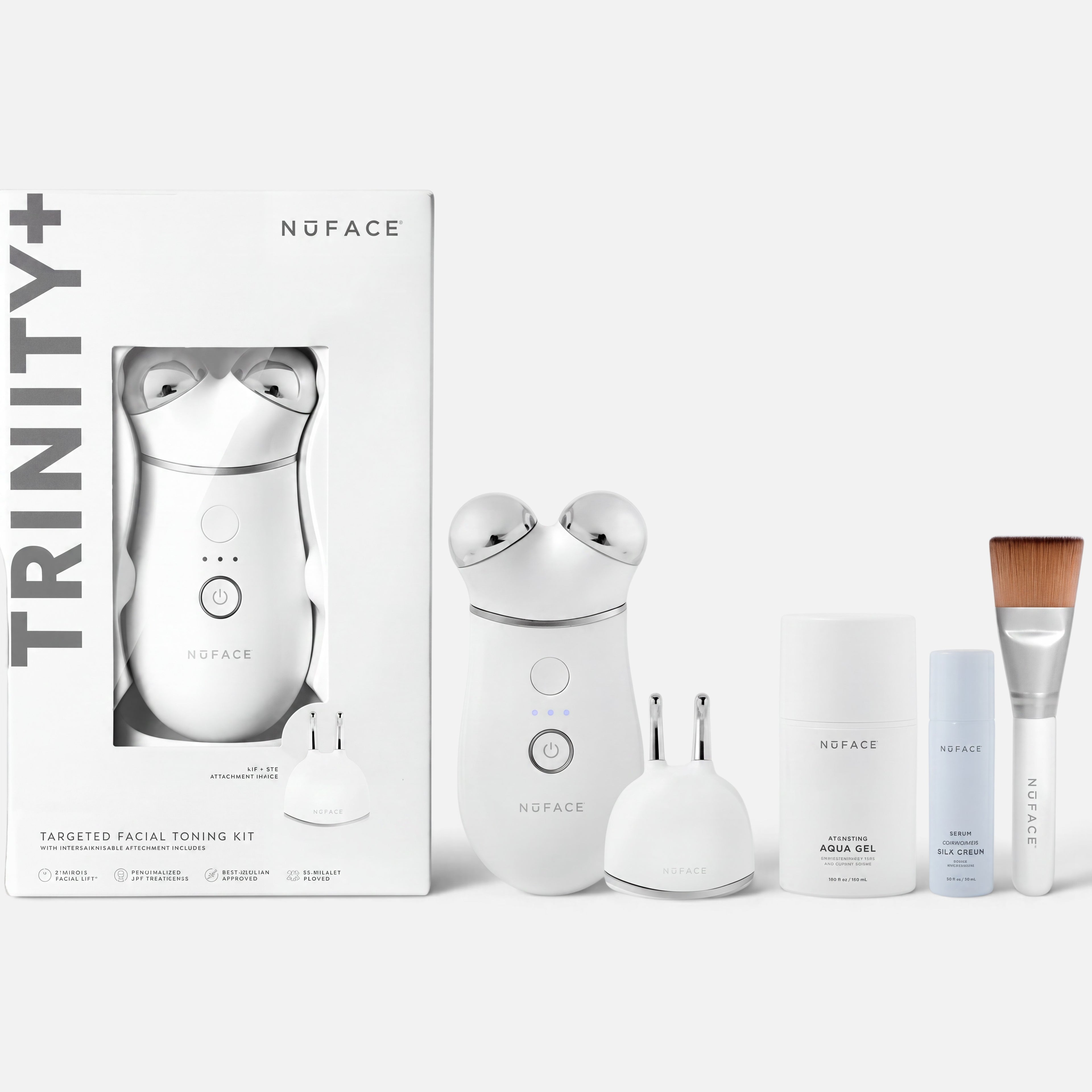 Shop Rescue Spa NuFACE Trinity+ Pro microcurrent facial toning kit with device, attachments, gels, and applicator brush.