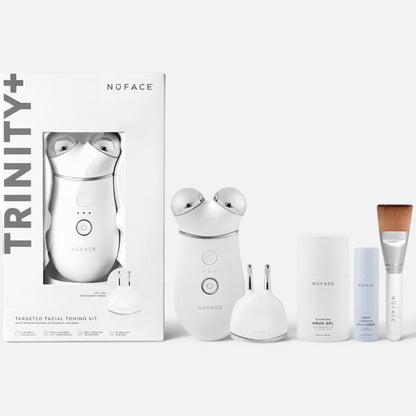Shop Rescue Spa NuFACE Trinity+ Pro microcurrent facial toning kit with device, attachments, gels, and applicator brush.