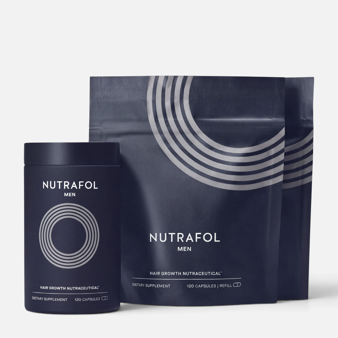 Shop Rescue Spa Nutrafol Men hair growth supplement set including one bottle and two refill pouches in dark blue