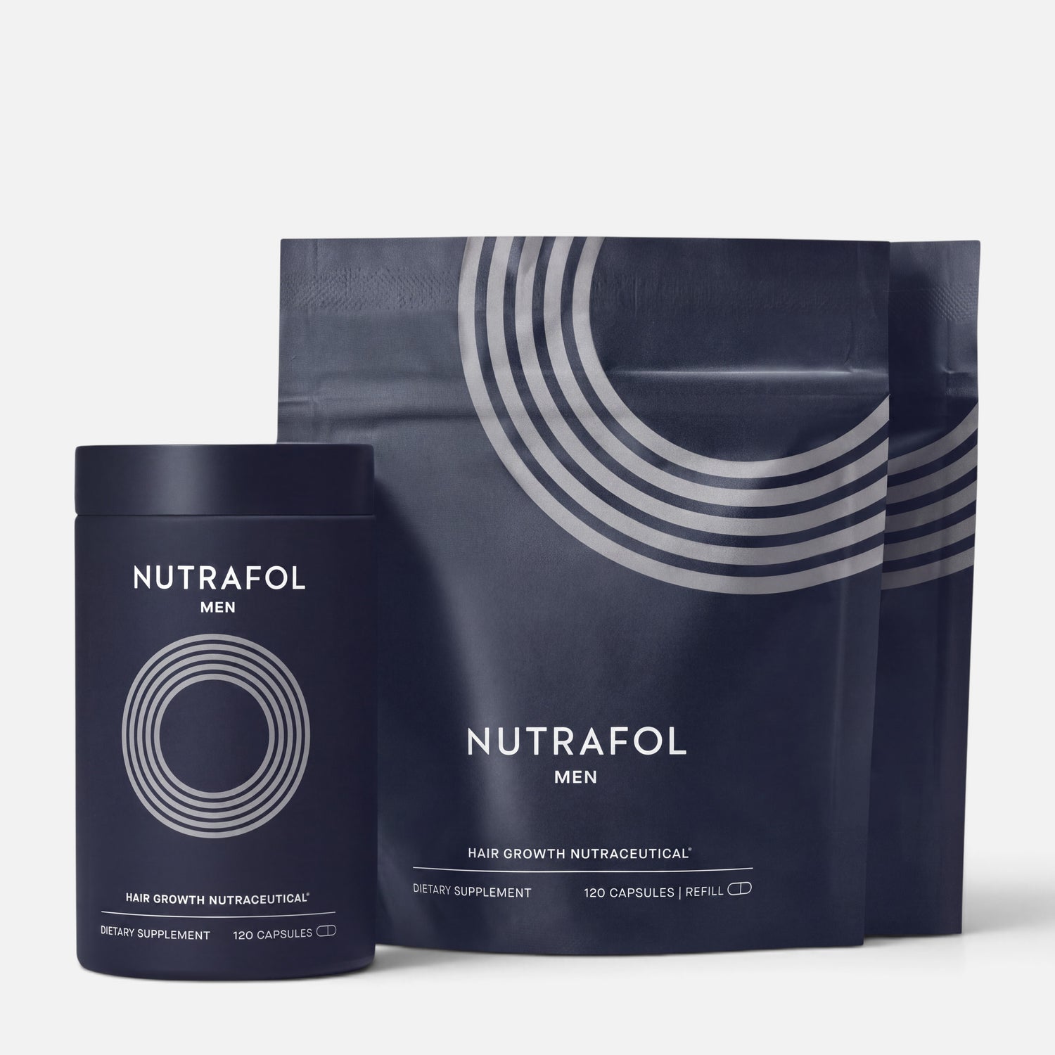 Shop Rescue Spa Nutrafol Men hair growth supplement set including one bottle and two refill pouches in dark blue