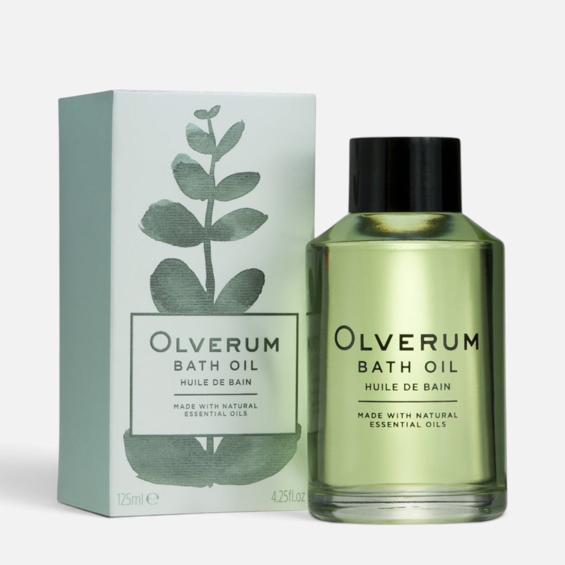 Shop Rescue Spa Olverum Bath Oil in a 125ml glass bottle with matching botanical illustrated box