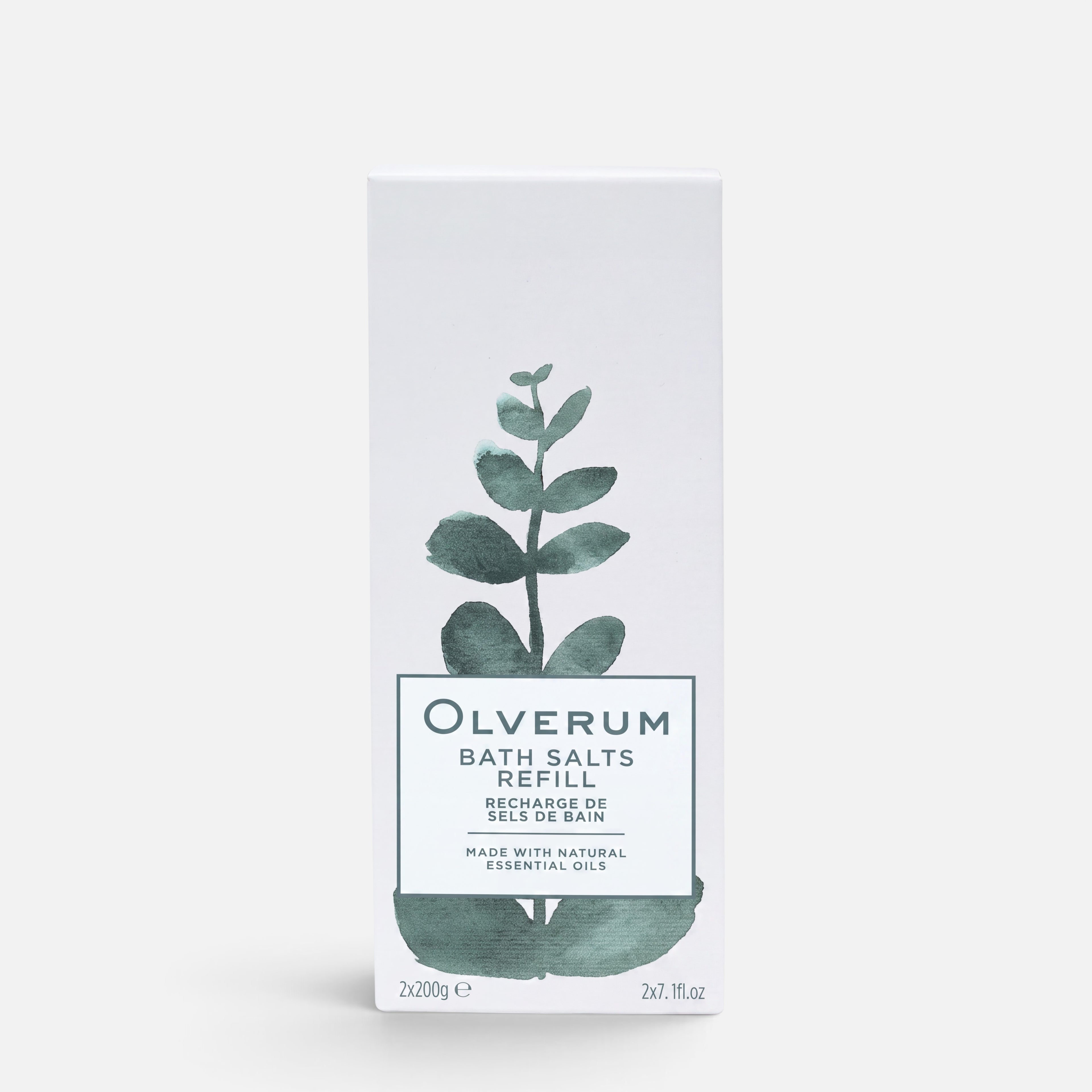 Shop Rescue Spa Olverum bath salt refill box with green botanical illustration and natural essential oil branding.