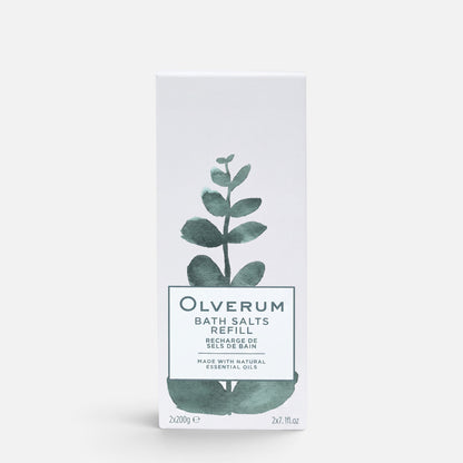 Shop Rescue Spa Olverum bath salt refill box with green botanical illustration and natural essential oil branding.