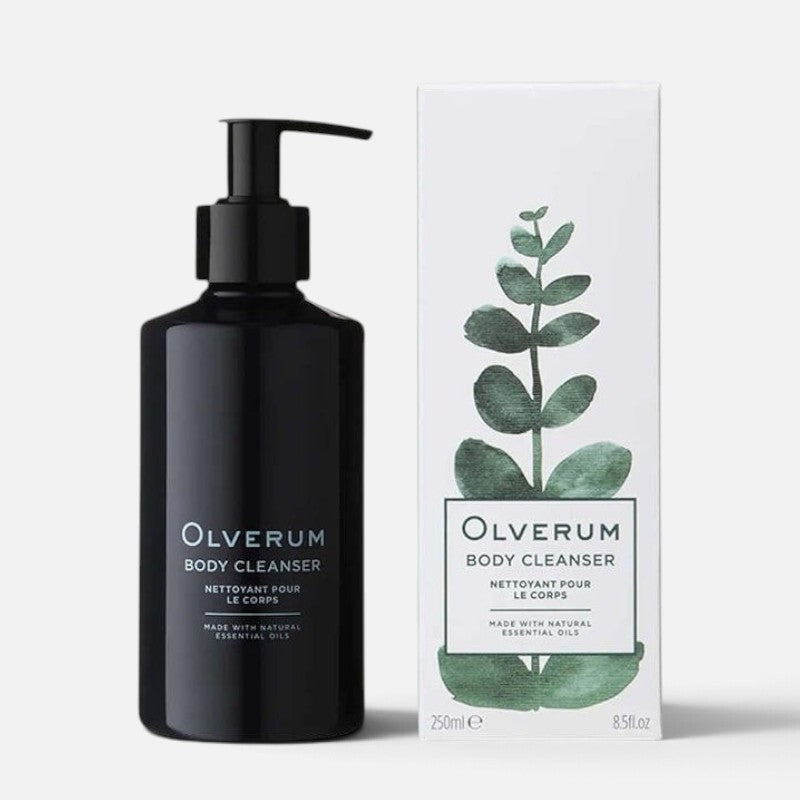 Shop Rescue Spa Olverum Body Cleanser in a black pump bottle next to its white box with a green leaf illustration.