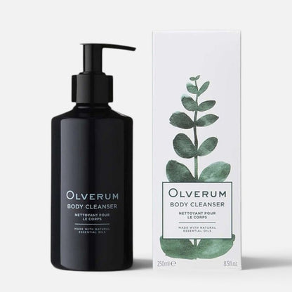 Shop Rescue Spa Olverum Body Cleanser in a black pump bottle next to its white box with a green leaf illustration.