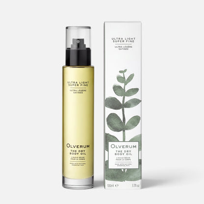 Shop Rescue Spa Olverum Dry Body Oil in a 100ml pump bottle next to its botanical-illustrated packaging box.