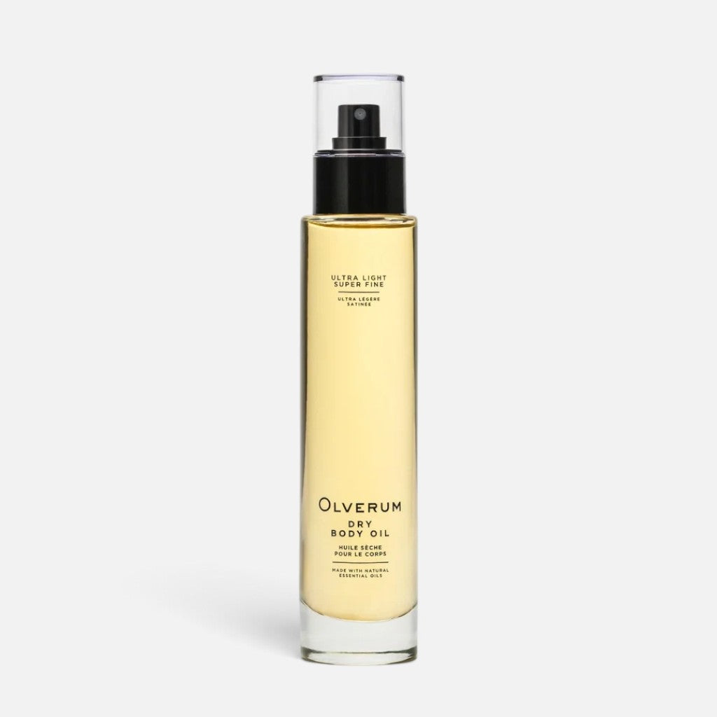 Shop Rescue Spa Olverum Dry Body Oil in a 100ml glass spray bottle with golden botanical oil