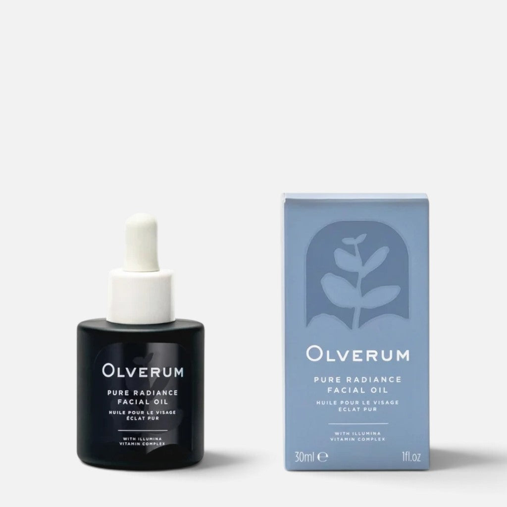Shop Rescue Spa Olverum Pure Radiance Facial Oil bottle and blue box packaging for brightening and firming skin