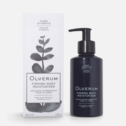 Shop Rescue Spa Olverum Firming Body Moisturizer in a dark bottle with matching white box packaging.