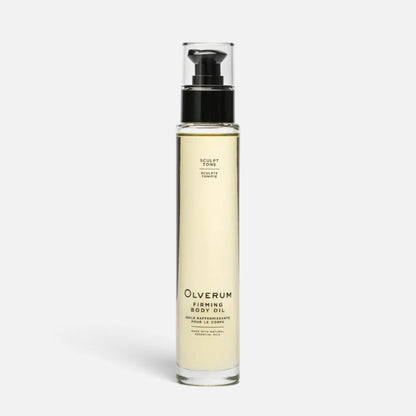 Shop Rescue Spa OLVERUM Firming Body Oil in a clear 100ml glass pump bottle for skin toning and elasticity.
