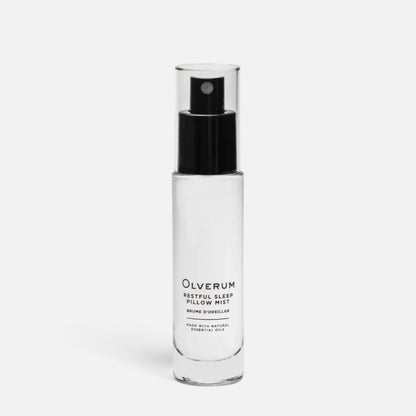 Shop Rescue Spa Olverum Restful Sleep Pillow Mist in a clear 30ml glass spray bottle with a black pump dispenser.