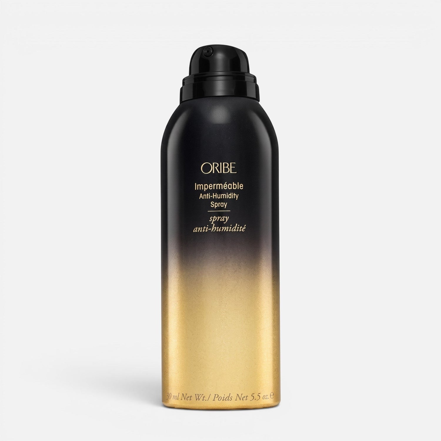 Shop Rescue Spa Oribe Impermeable Anti-Humidity Spray in a black and gold gradient aerosol bottle for frizz control.