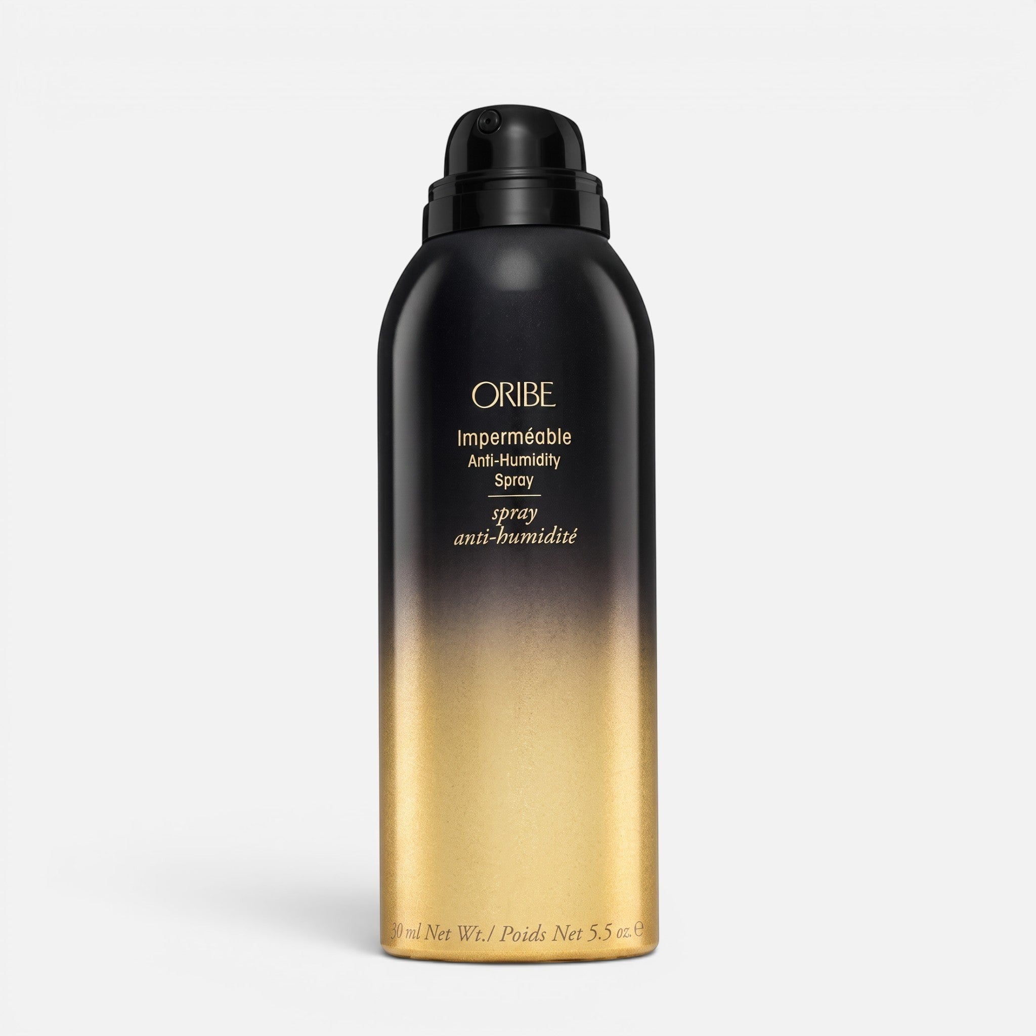 Shop Rescue Spa Oribe Impermeable Anti-Humidity Spray in a black and gold gradient aerosol bottle for frizz control.