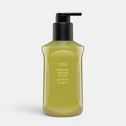 Shop Rescue Spa Oribe Desertland Replenishing Body Wash in a green bottle with a black pump dispenser.