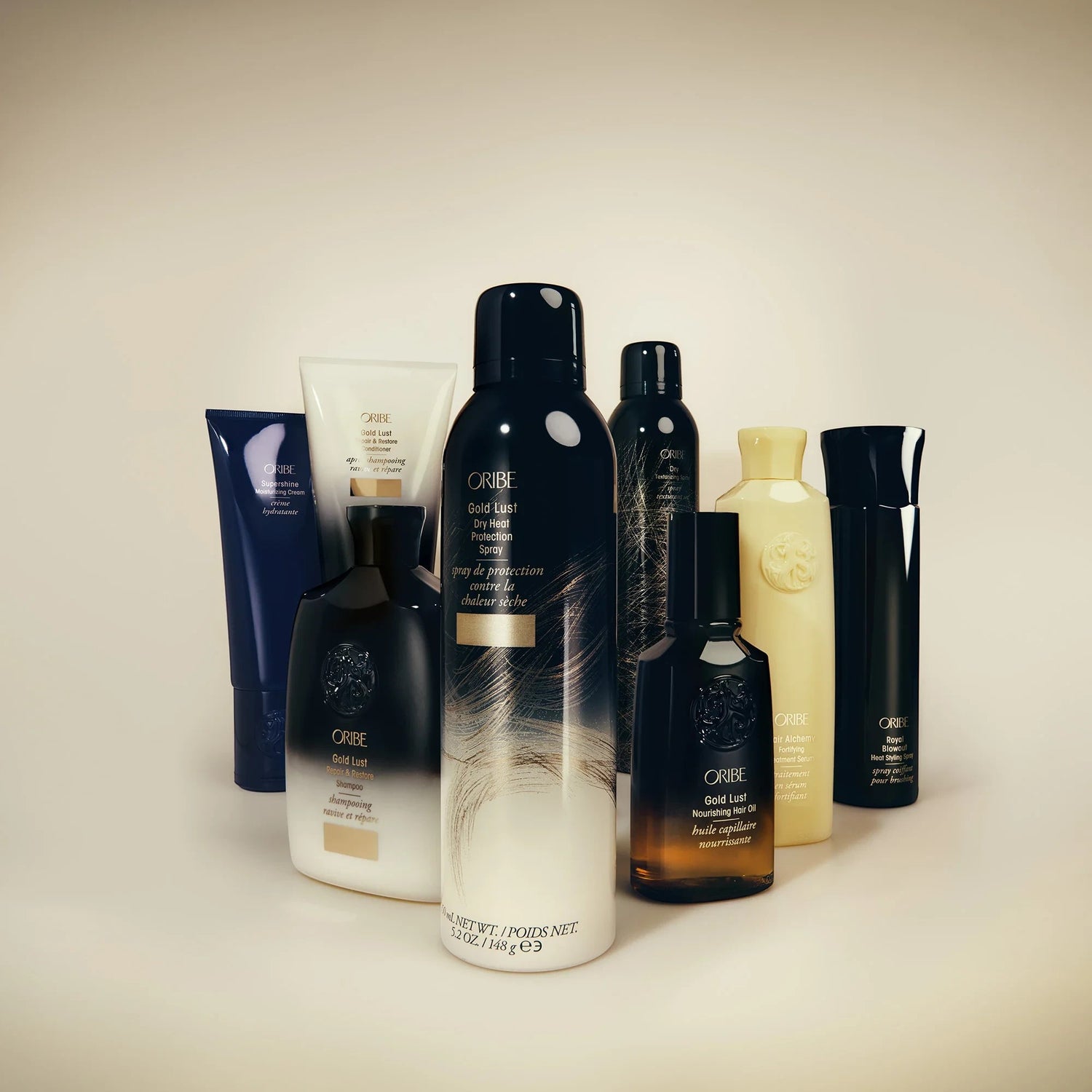 Shop Rescue Spa collection of Oribe hair care products including Gold Lust shampoo, conditioner, and styling sprays.