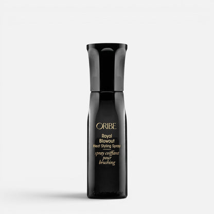 Shop Rescue Spa Oribe Royal Blowout Heat Styling Spray in a sleek black bottle for heat protection and smooth hair.