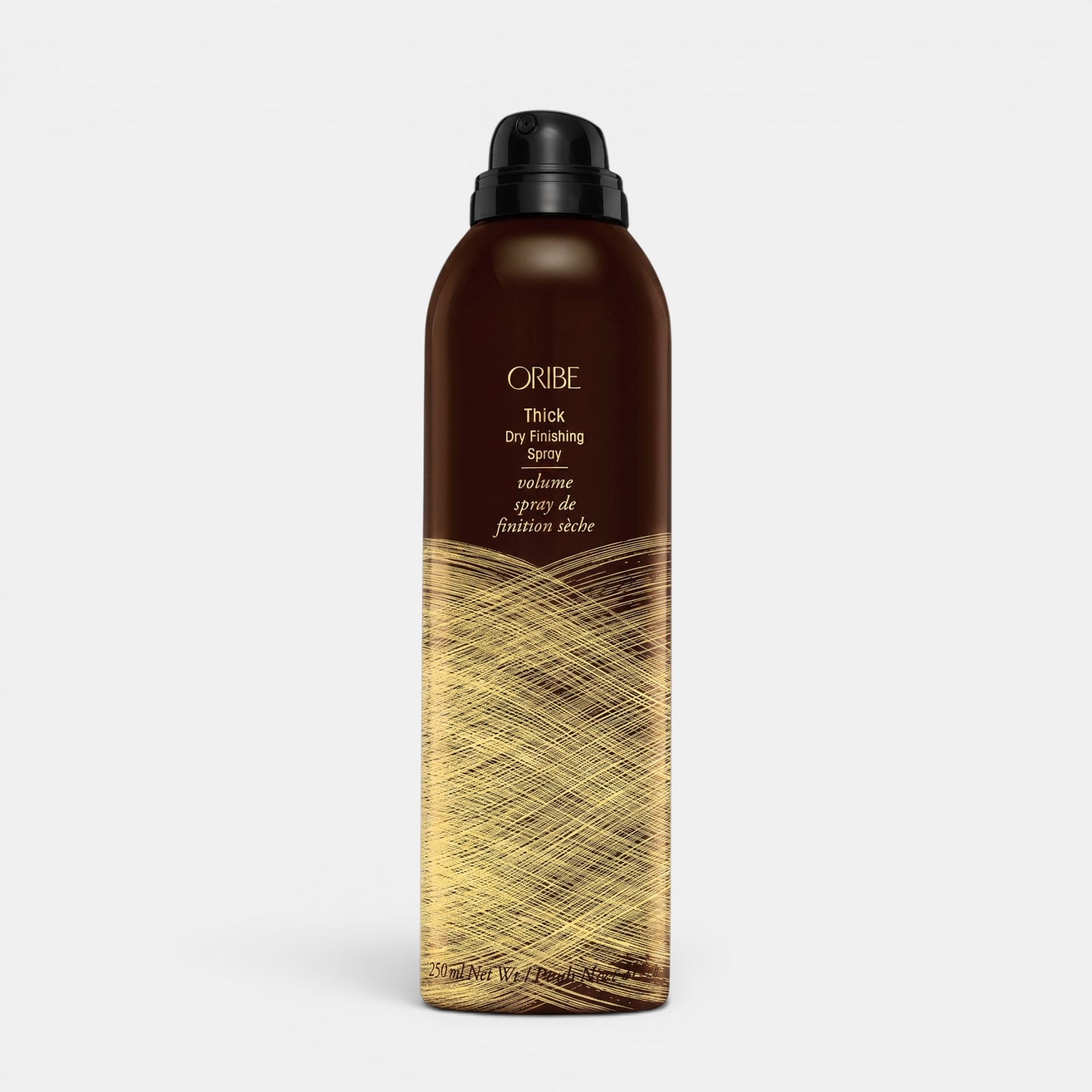 Shop Rescue Spa Oribe Thick Dry Finishing Spray in a brown bottle with gold graphic detail for hair volume
