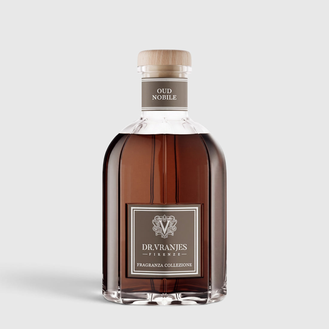 Shop Rescue Spa Dr. Vranjes Oud Nobile room diffuser in a clear glass bottle with a wooden cap and amber fragrance.