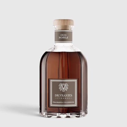 Shop Rescue Spa Dr. Vranjes Oud Nobile room diffuser in a clear glass bottle with a wooden cap and amber fragrance.