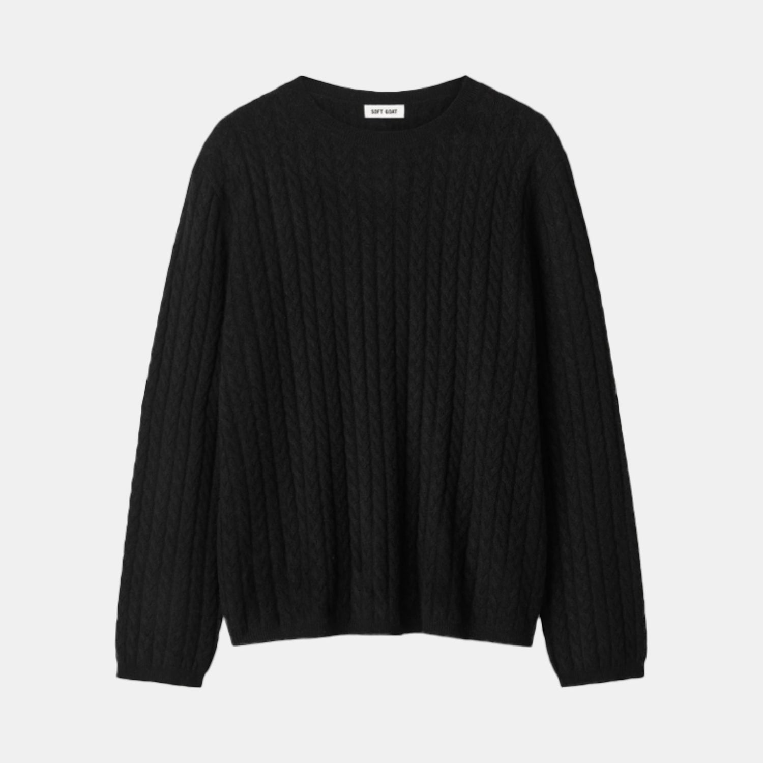 Shop Rescue Spa oversized black cable knit sweater made from 100% cashmere with a relaxed fit and crew neckline.