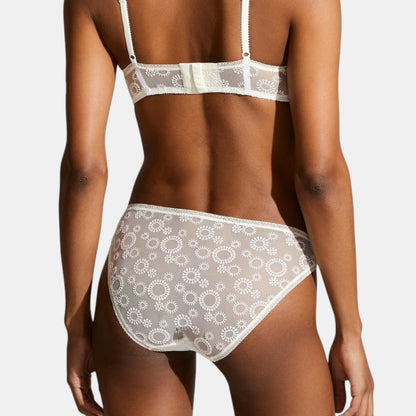 Shop Rescue Spa Pepin PERCALE white embroidered tulle lace bra and matching panty set, back view on model