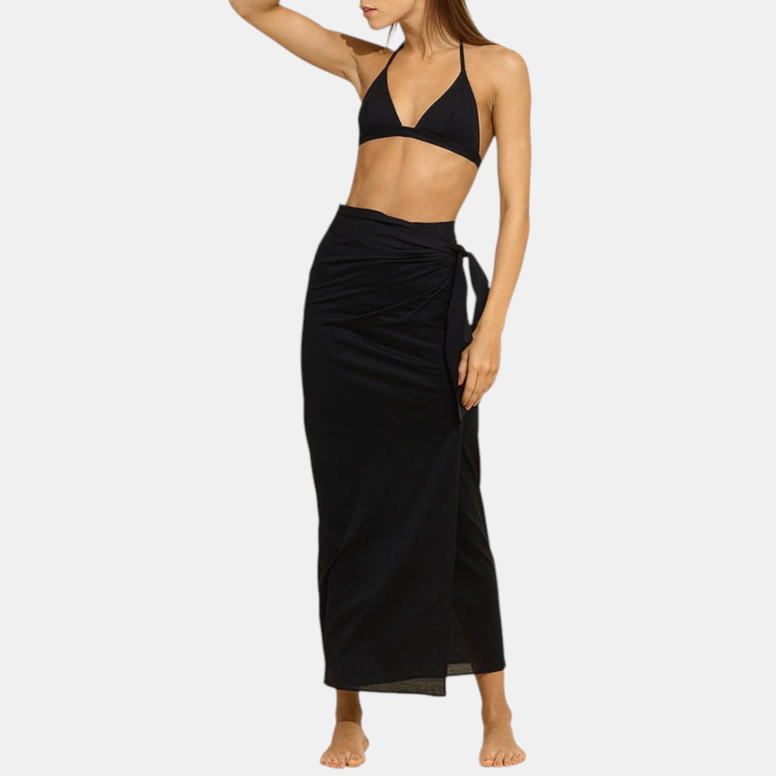 Shop Rescue Spa Peplum long black sarong skirt in Peau Douce fabric with an attached waist tie