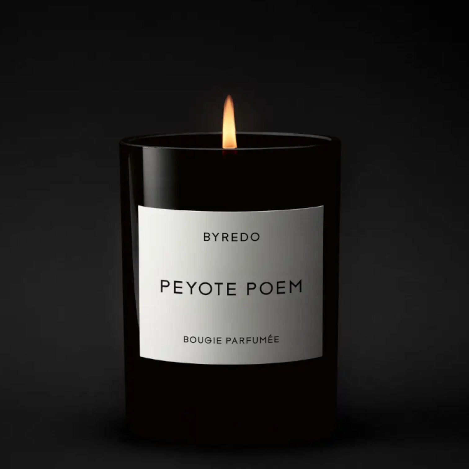 Shop Rescue Spa Byredo Peyote Poem candle in a black glass vessel with a white label. Lit candle with a flame.