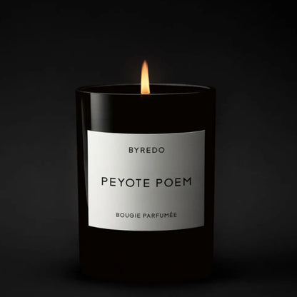 Shop Rescue Spa Byredo Peyote Poem candle in a black glass vessel with a white label. Lit candle with a flame.