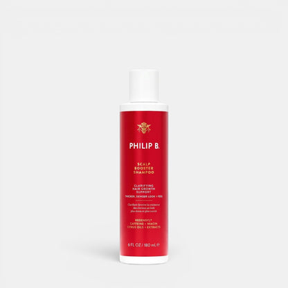 Shop Rescue Spa Philip B. Scalp Booster Shampoo in a red bottle for hair growth support and scalp clarification.