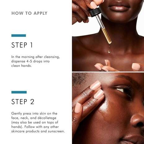 Shop Rescue Spa Phloretin CF vitamin C serum application steps showing a dropper and model applying serum to skin