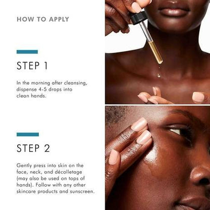 Shop Rescue Spa Phloretin CF vitamin C serum application steps showing a dropper and model applying serum to skin