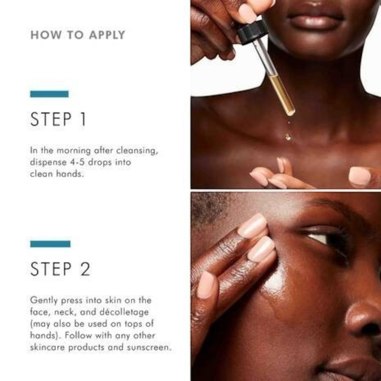 Shop Rescue Spa Phloretin CF vitamin C serum application steps showing a dropper and model applying serum to skin