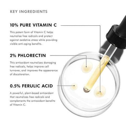 Shop Rescue Spa Phloretin CF vitamin C serum ingredients breakdown with dropper and liquid drops in a petri dish