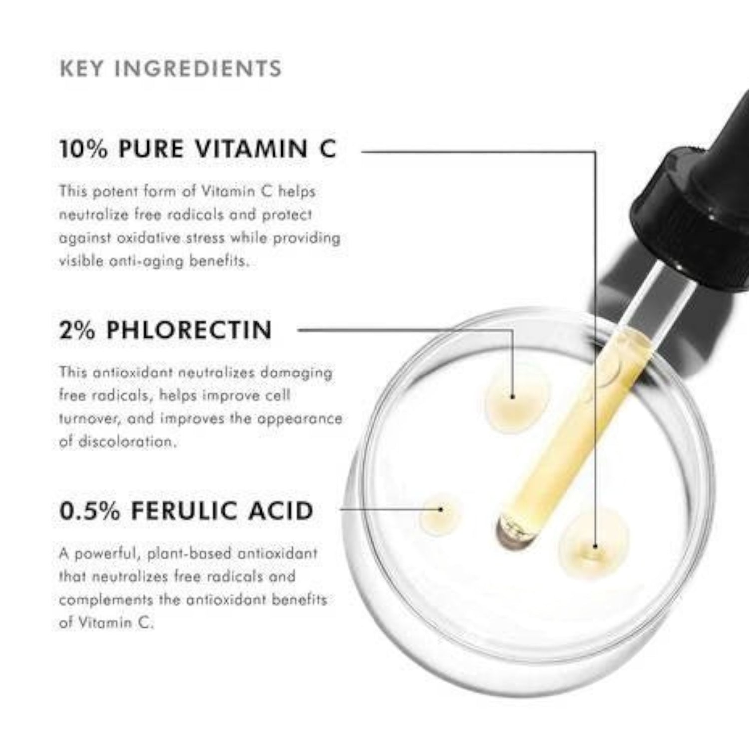 Shop Rescue Spa Phloretin CF vitamin C serum ingredients breakdown with dropper and liquid drops in a petri dish