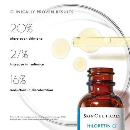 Shop Rescue Spa SkinCeuticals Phloretin CF vitamin C serum bottle with clinical results and serum drops
