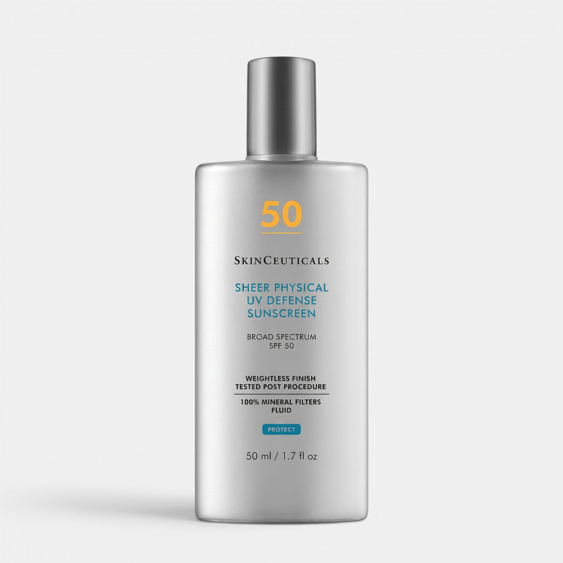 Shop Rescue Spa SkinCeuticals Sheer Physical UV Defense SPF 50 mineral sunscreen fluid in a 50ml silver bottle.