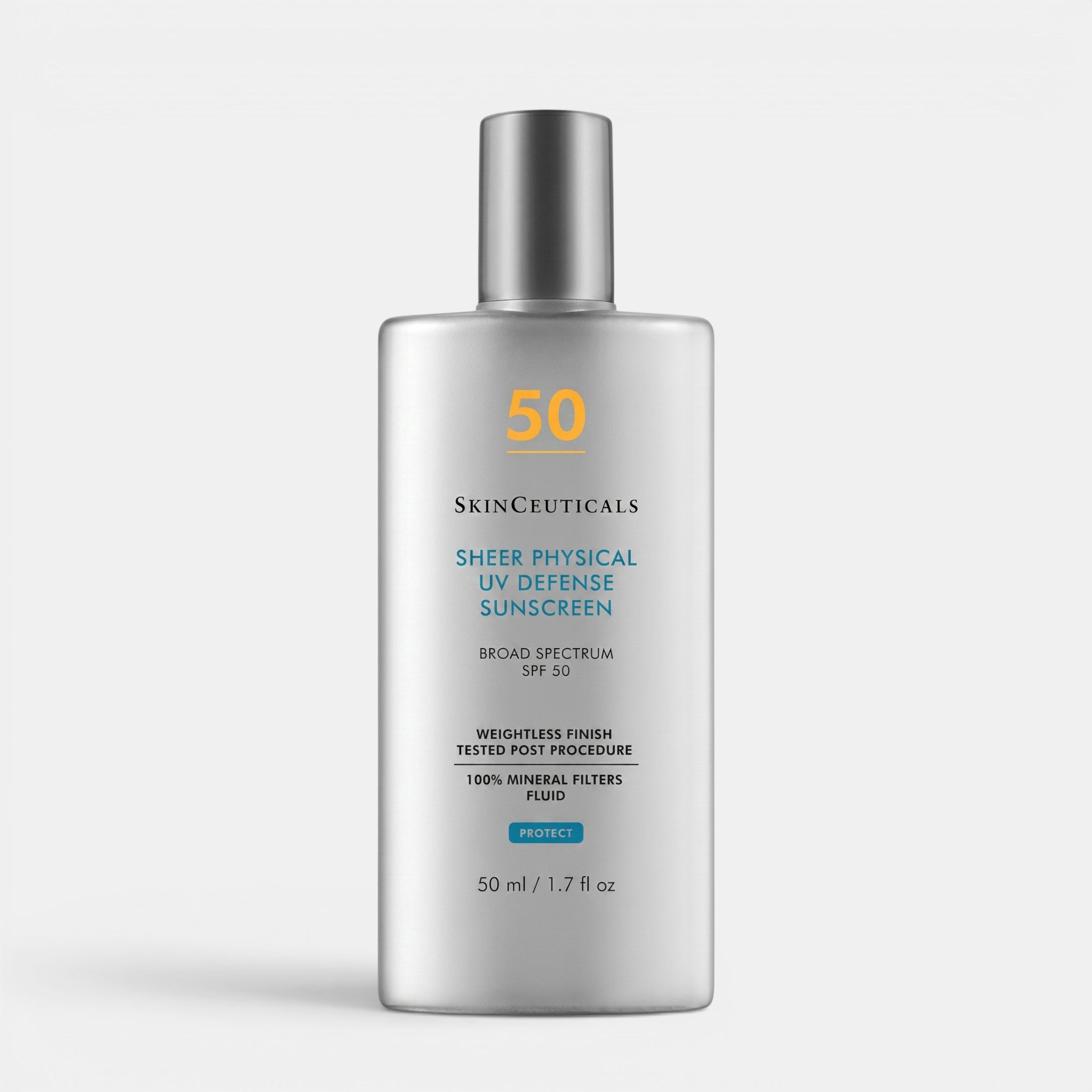 Shop Rescue Spa SkinCeuticals Sheer Physical UV Defense SPF 50 mineral sunscreen fluid in a 50ml silver bottle.