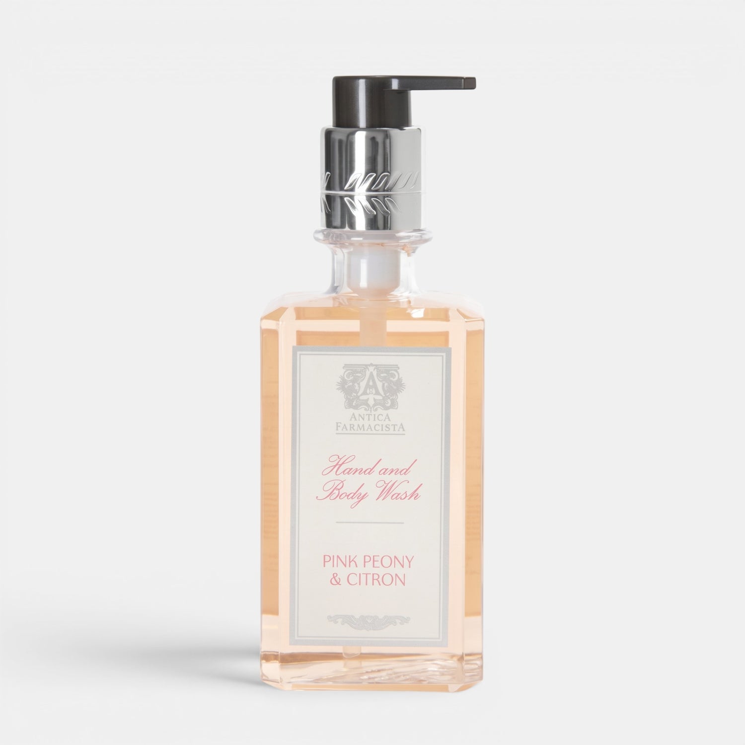 Shop Rescue Spa Antica Farmacista Pink Peony &amp; Citron hand and body wash in a clear pump bottle.