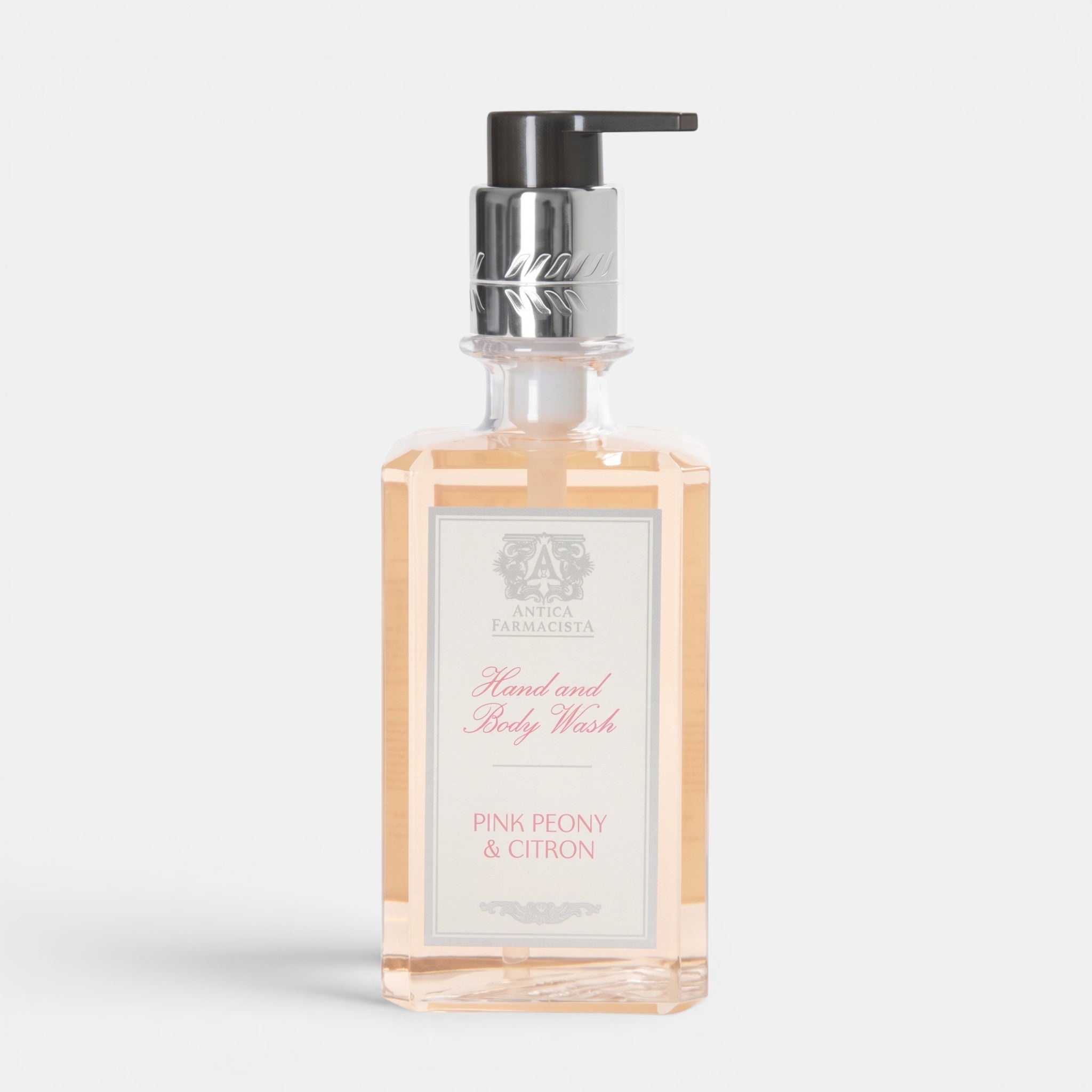 Shop Rescue Spa Antica Farmacista Pink Peony &amp; Citron hand and body wash in a clear pump bottle.