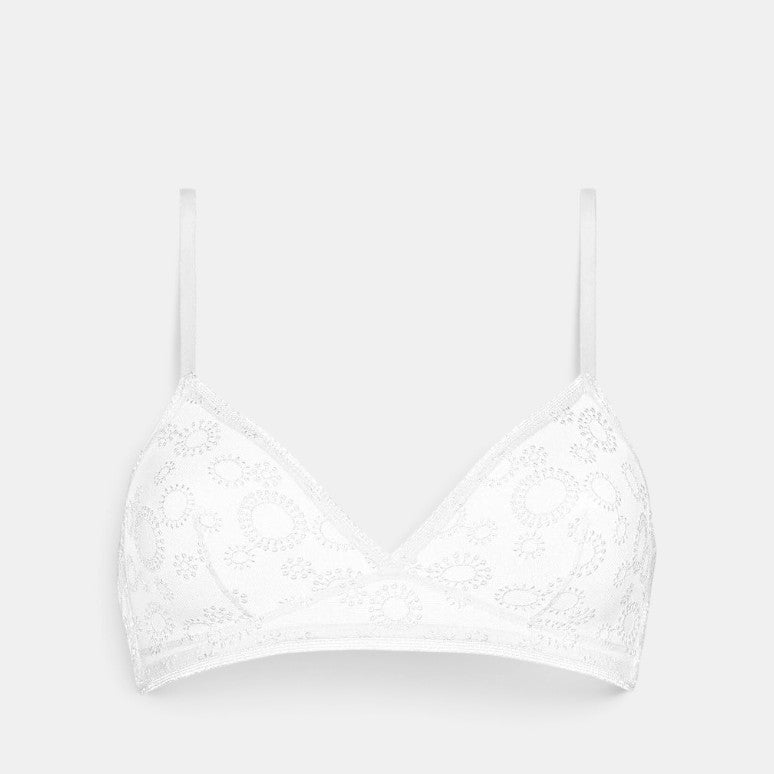 Shop Rescue Spa Pissenlit white wireless triangle bra in embroidered stretch tulle with delicate lace trim