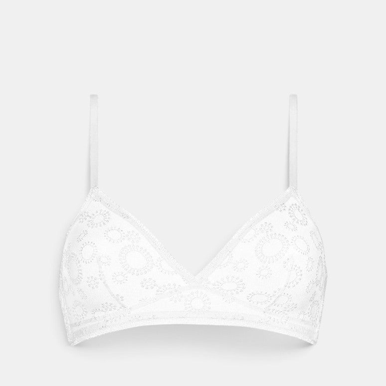 Shop Rescue Spa Pissenlit white wireless triangle bra in embroidered stretch tulle with delicate lace trim