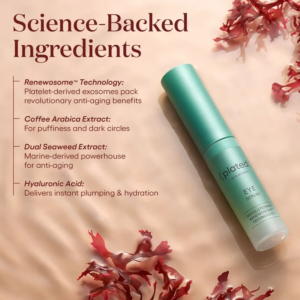 Shop Rescue Spa Plated Skin Science eye serum in a teal bottle surrounded by seaweed on a beige background.