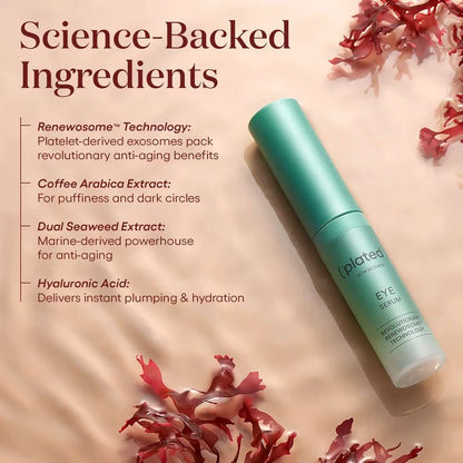 Shop Rescue Spa Plated Skin Science eye serum in a teal bottle surrounded by seaweed on a beige background.
