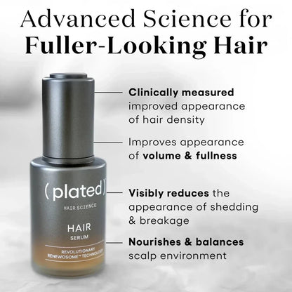 Shop Rescue Spa Plated Hair Serum bottle with text highlights on hair density, volume, shedding, and scalp health.