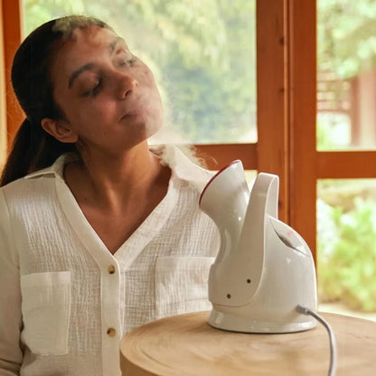 Shop Rescue Spa Pro Facial Steamer in white, providing a relaxing steam treatment to a woman for hydrated skin.
