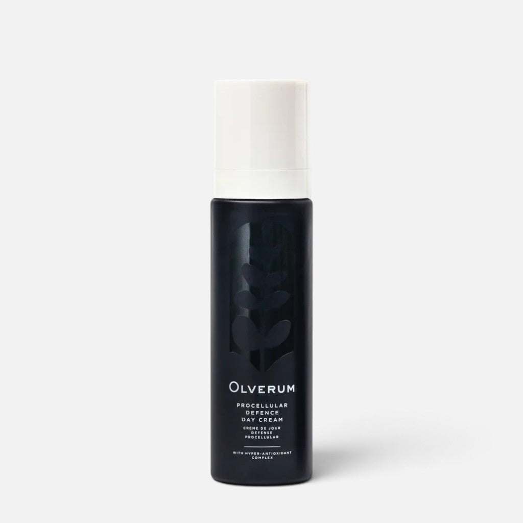 Shop Rescue Spa Olverum Procellular Defence Day Cream in a sleek black pump bottle with a white cap.